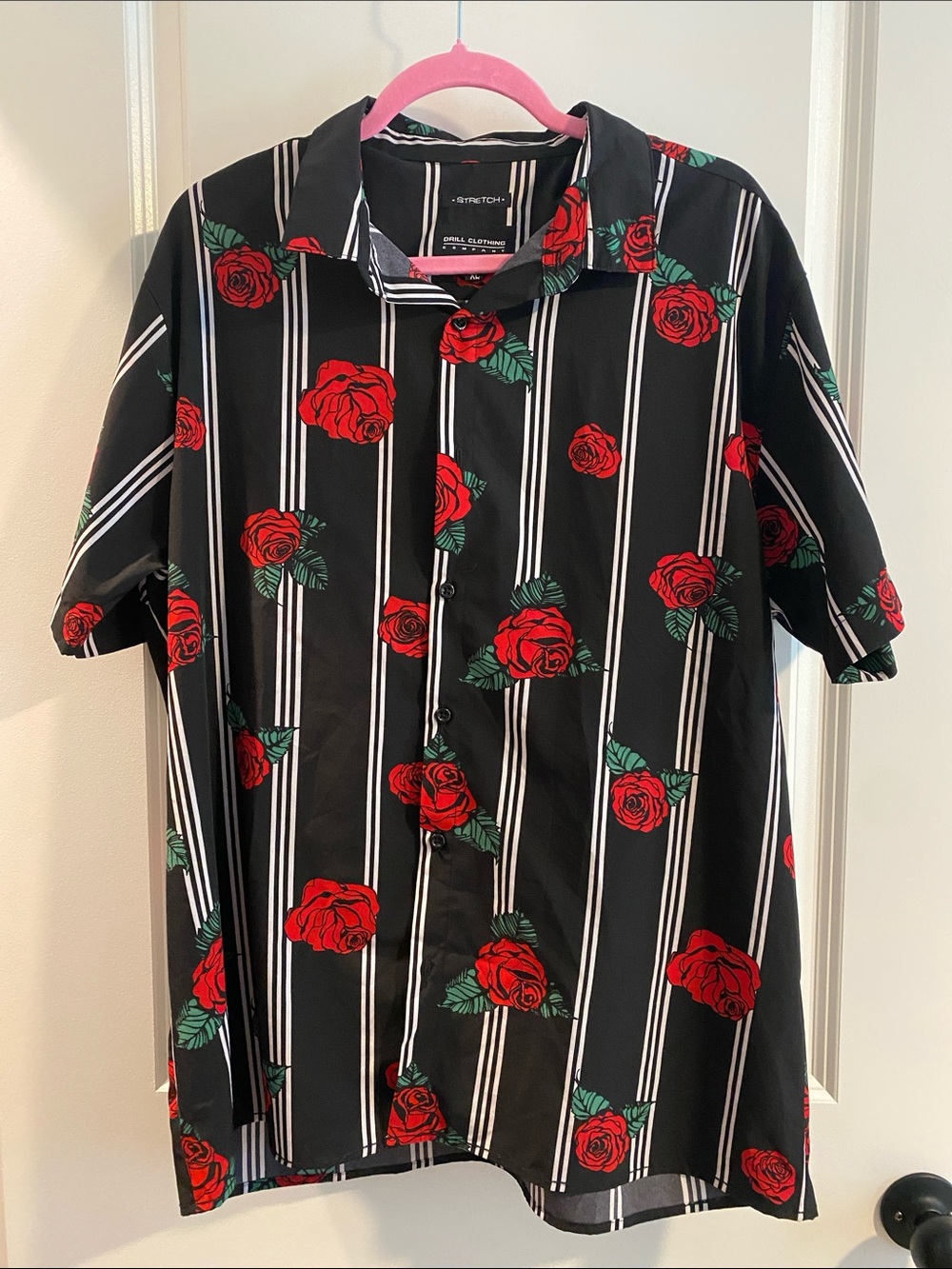 Men's Black Button-Down Shirt with Red Rose Print